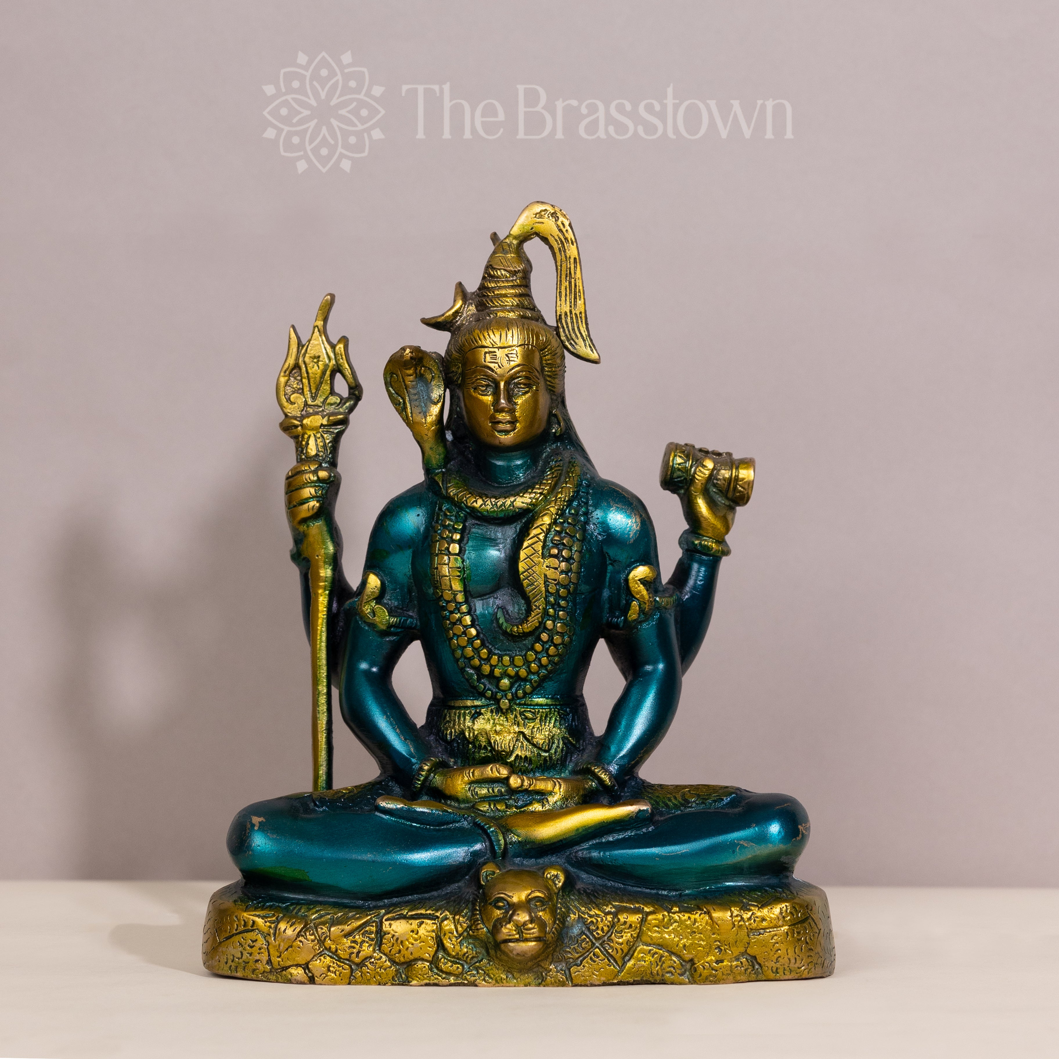 Brass Lord Shiva Statue in Blue and Gold