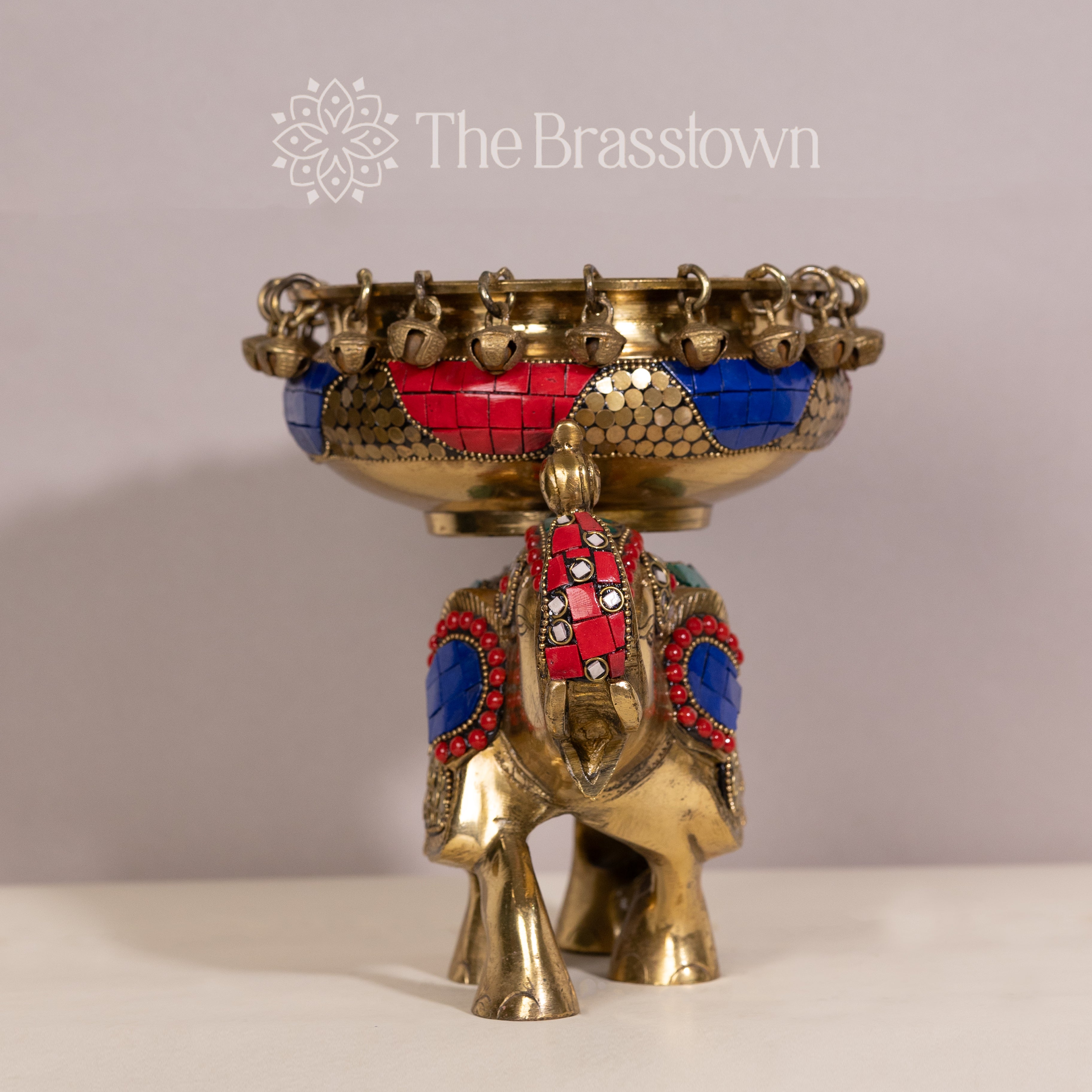 Brass Elephant Urli with Colorful Stone Inlay