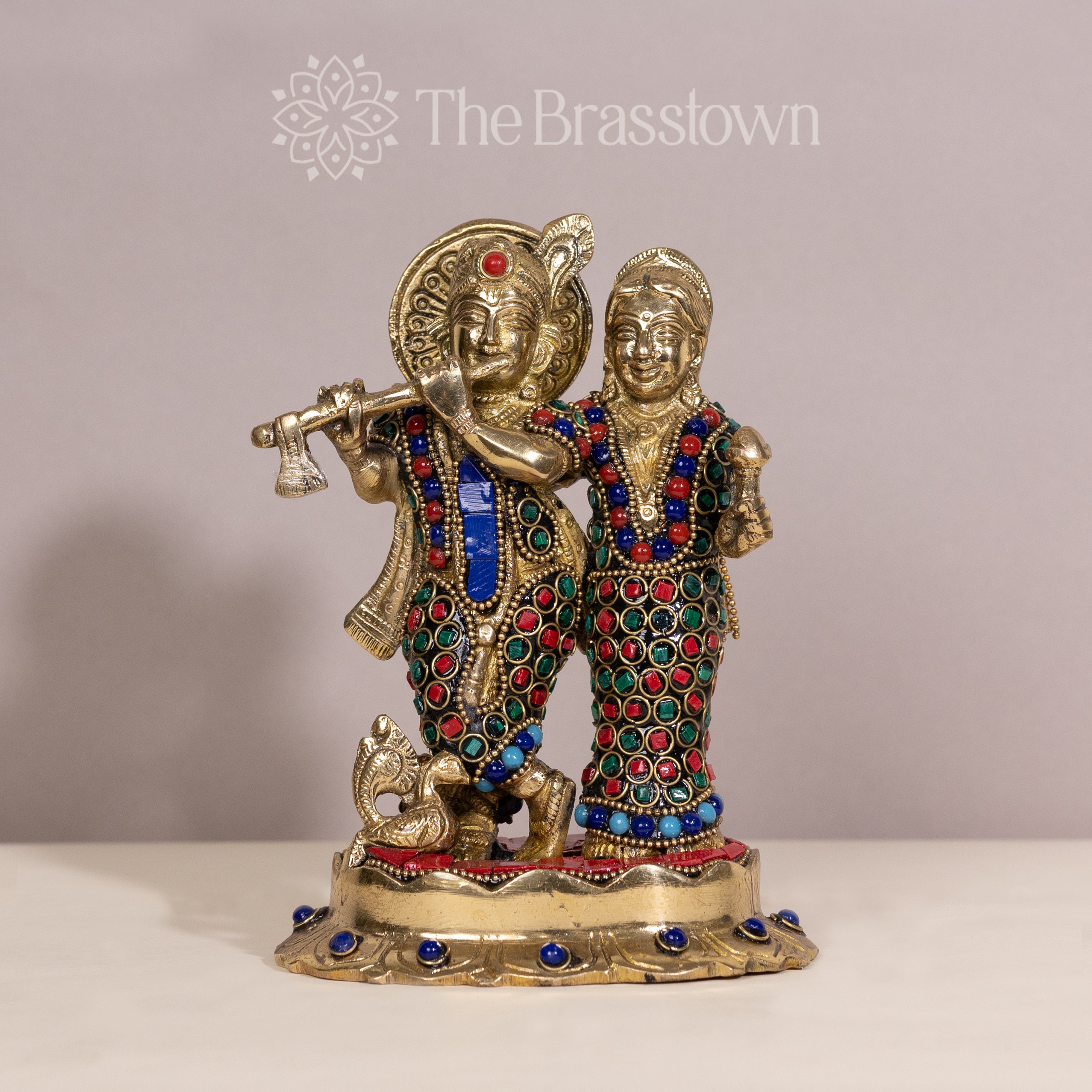 Brass Radha Krishna Statue with Multi Colorful Stones