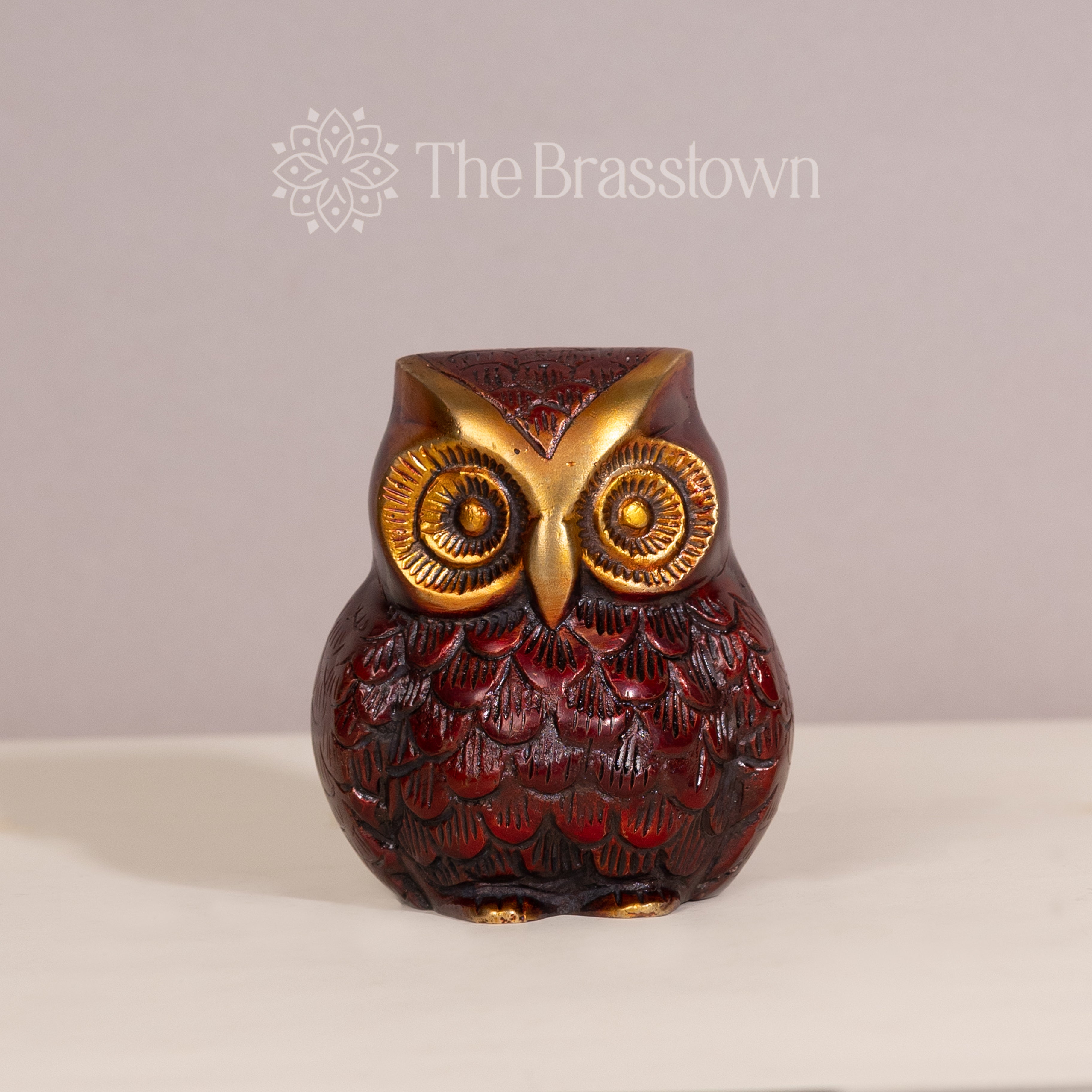 Handcrafted Brass Owl Statue – Red and Gold Decor Accent