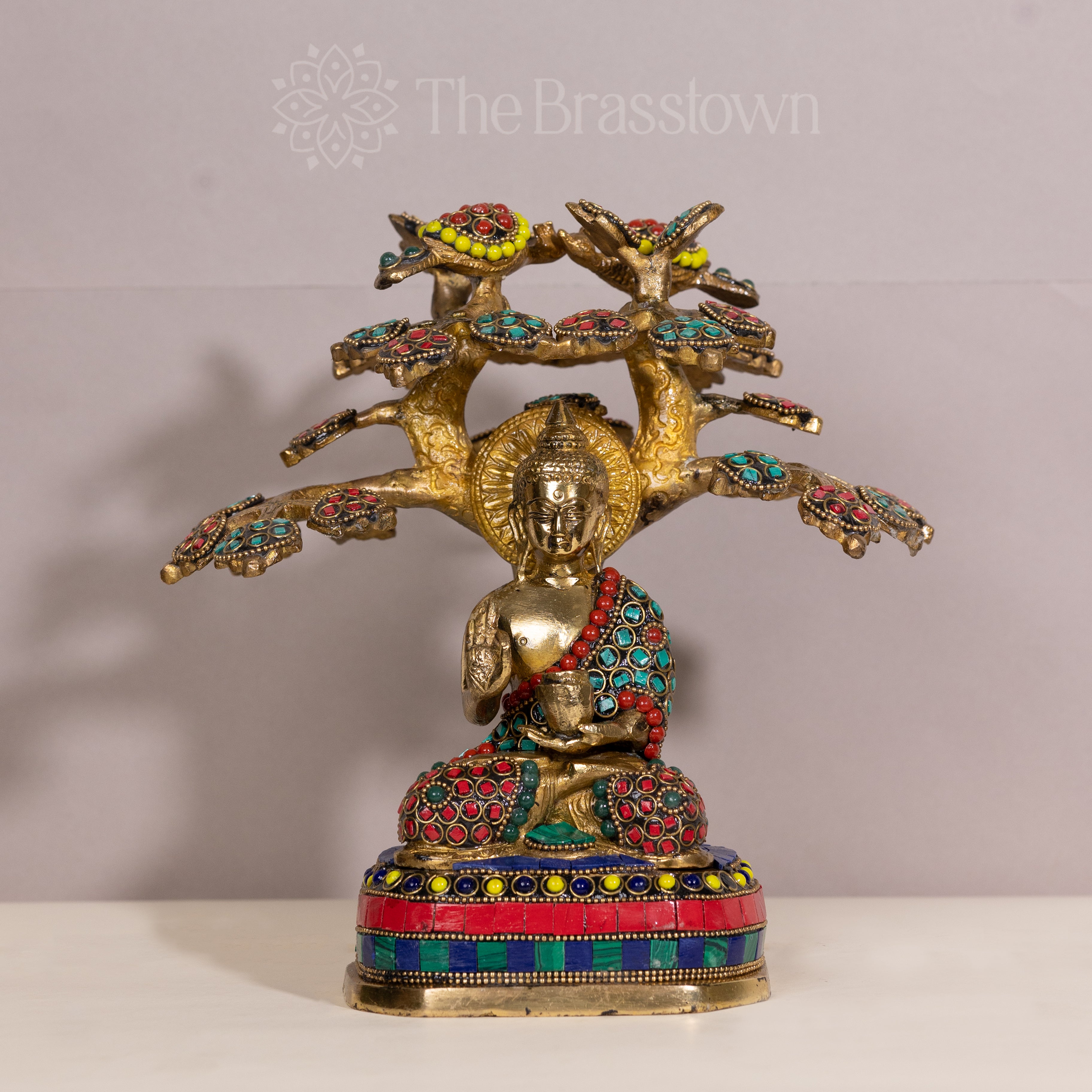 Brass Buddha Statue with Bodhi Tree – Handcrafted Enlightenment Decor