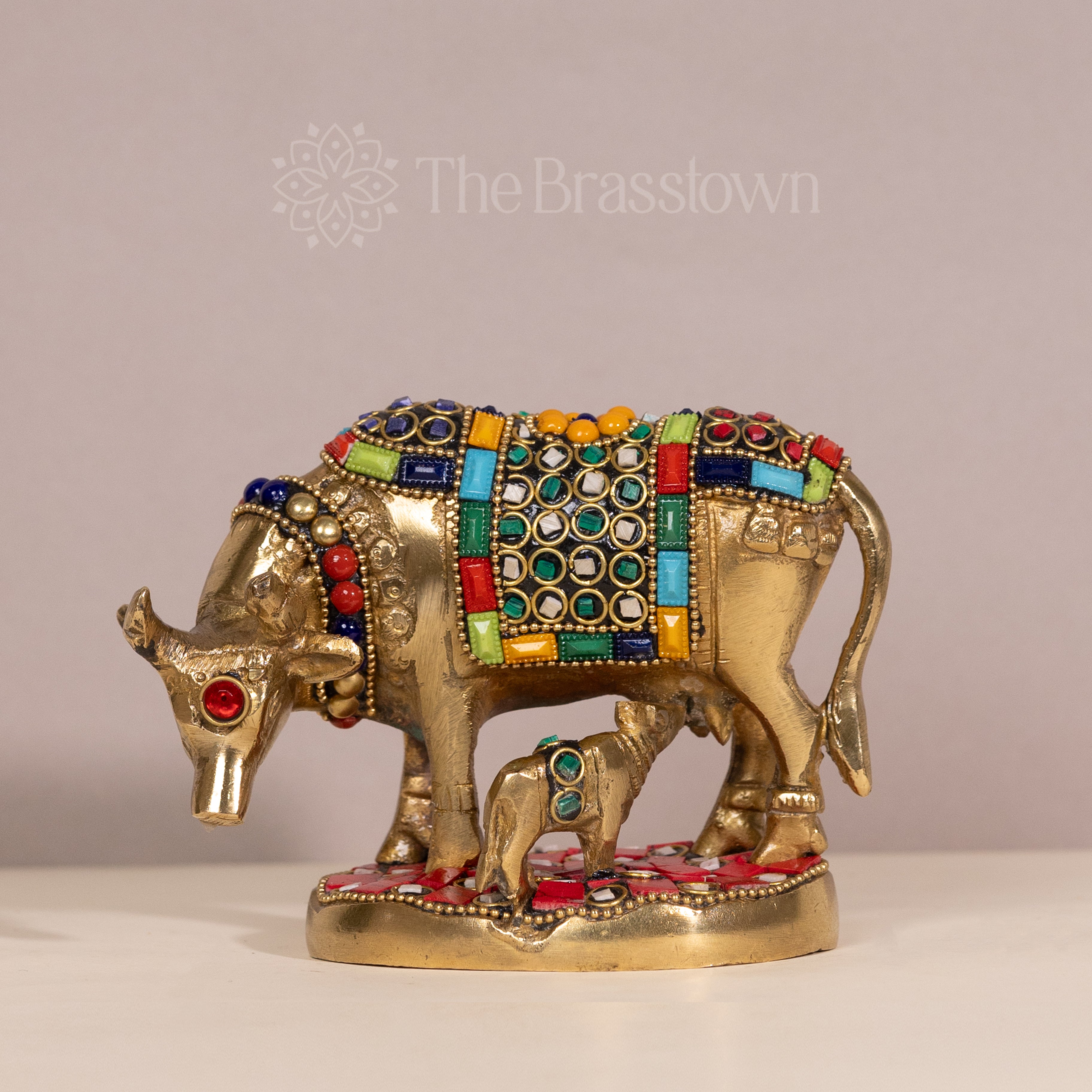 Brass kamdhenu cow With Stonework