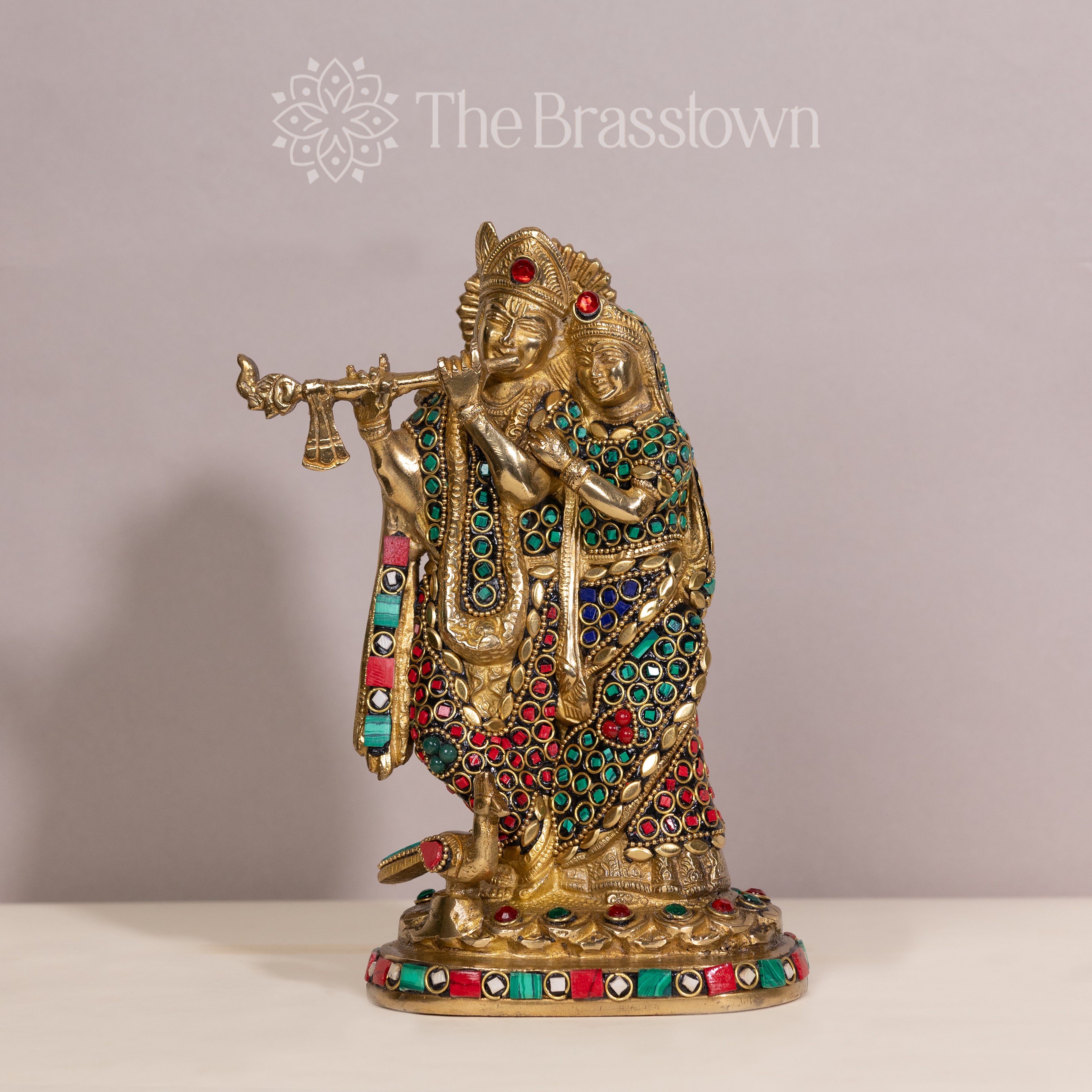 Brass Radha Krishna Statue with Unique Stones – Handcrafted Home Decor Idol