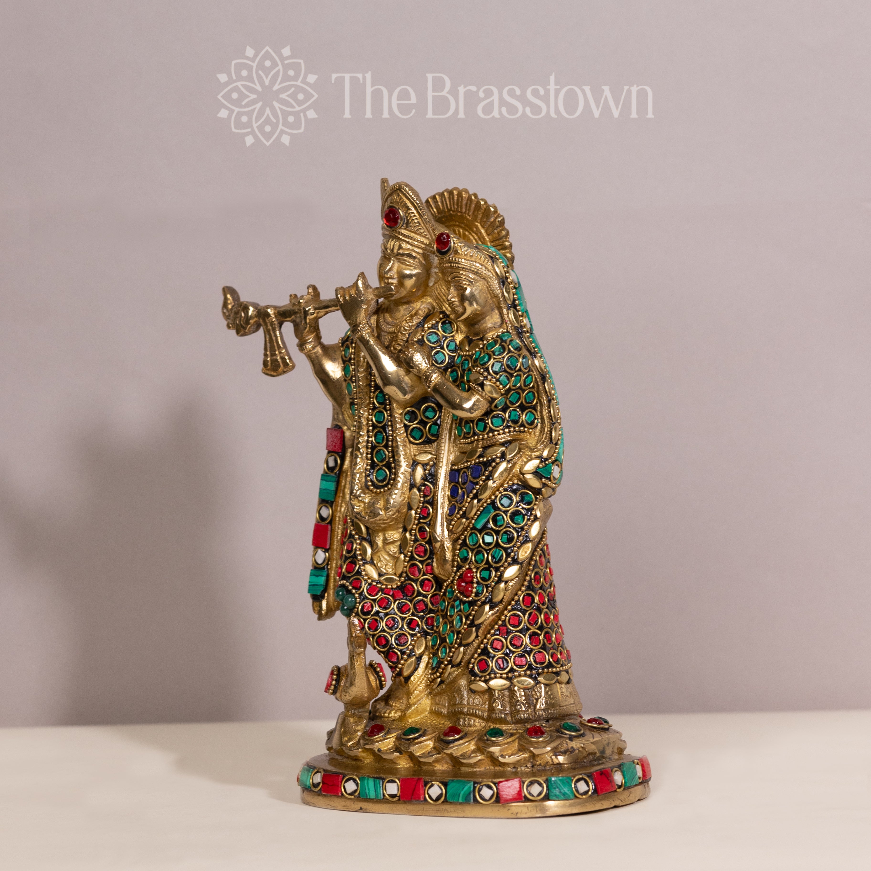 Brass Radha Krishna Statue with Unique Stones – Handcrafted Home Decor Idol