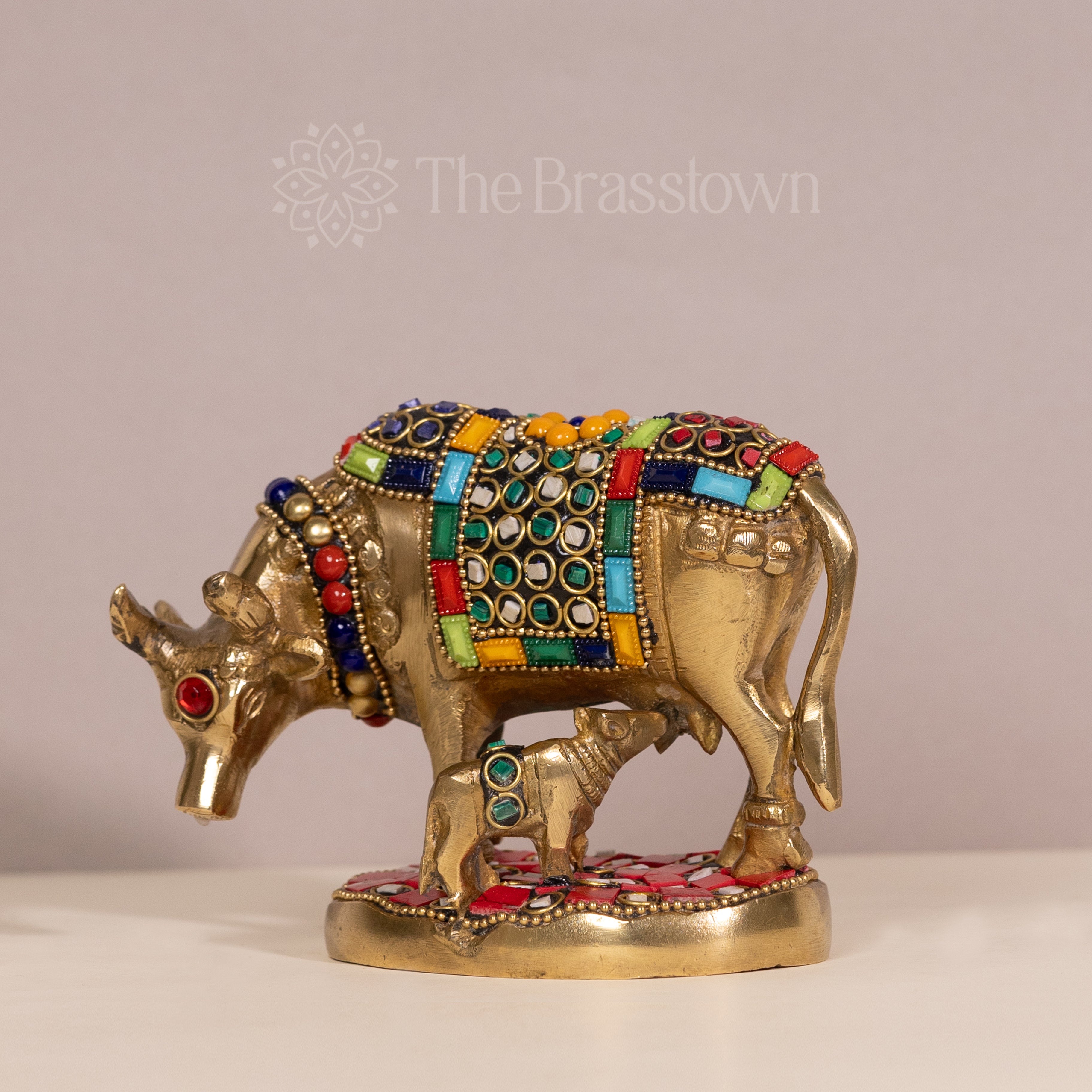 Brass kamdhenu cow With Stonework