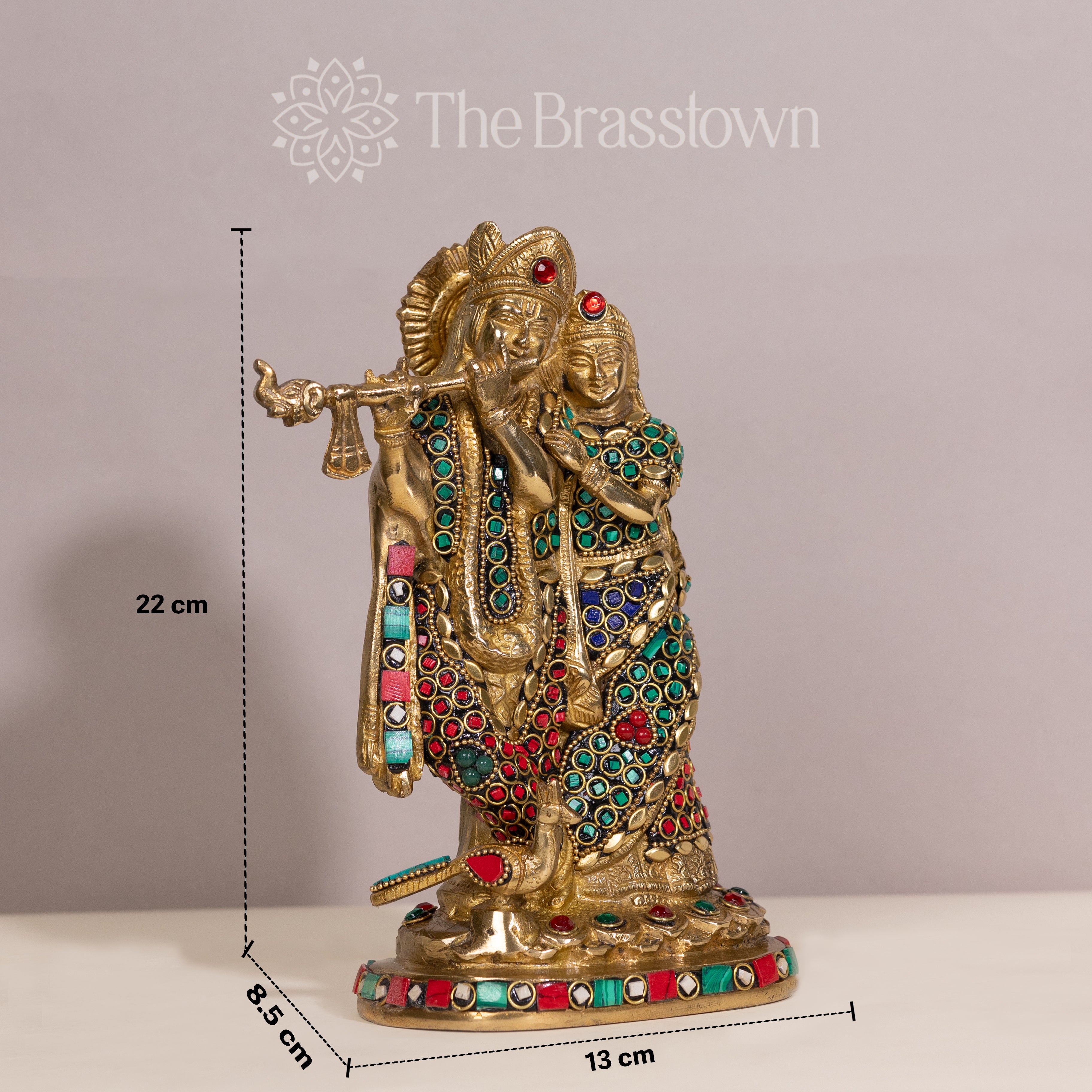 Brass Radha Krishna Statue with Unique Stones – Handcrafted Home Decor Idol