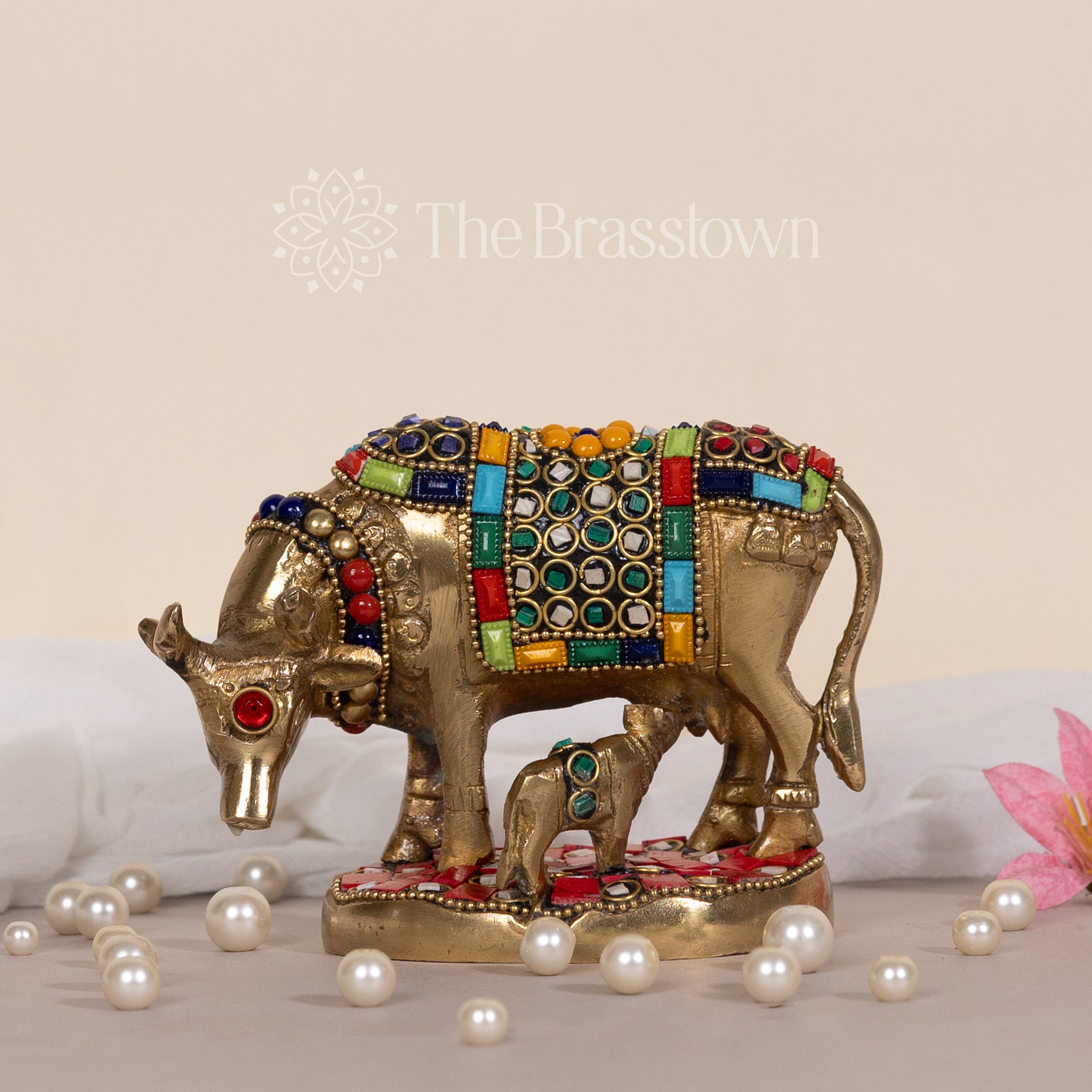 Brass kamdhenu cow With Stonework