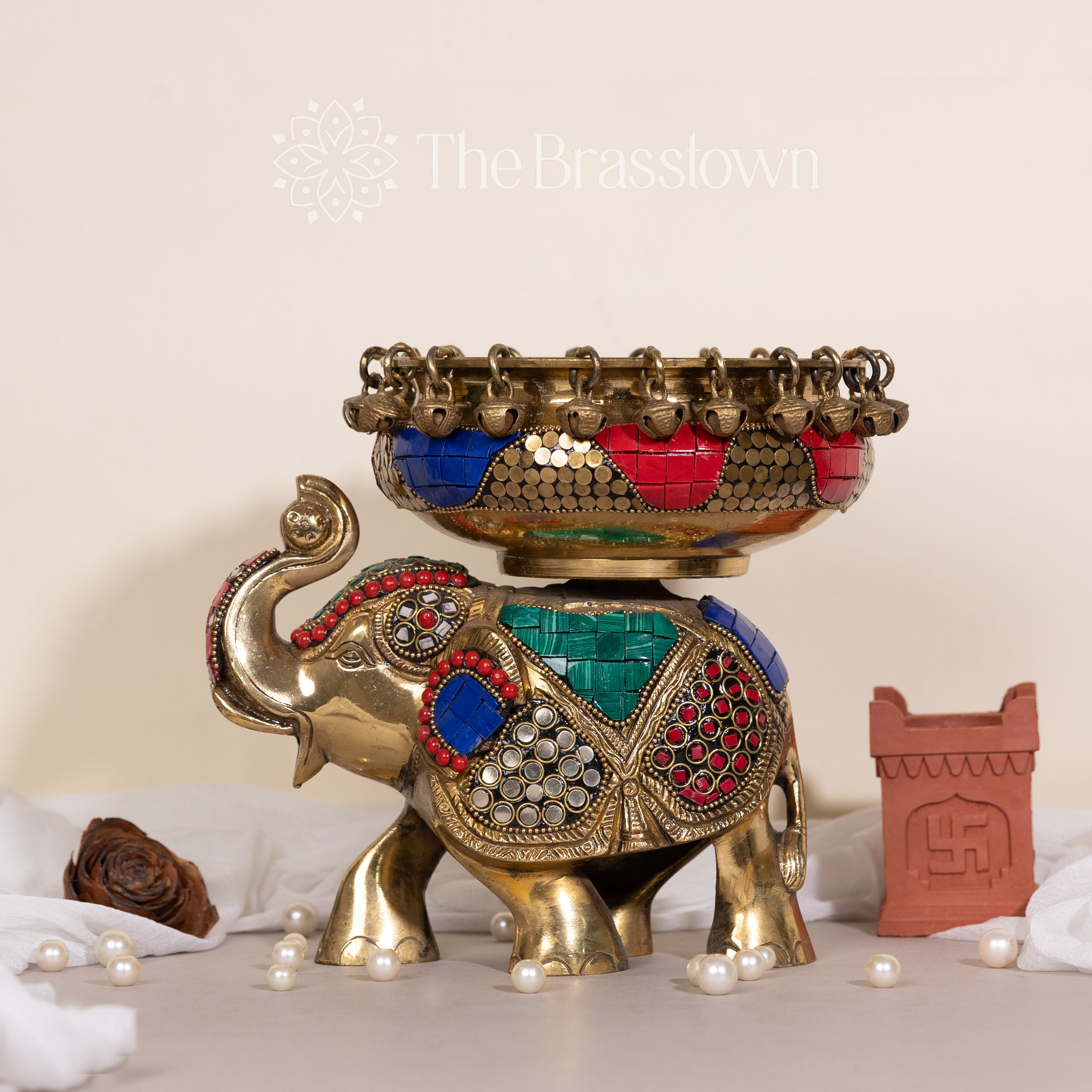 Brass Elephant Urli with Colorful Stone Inlay