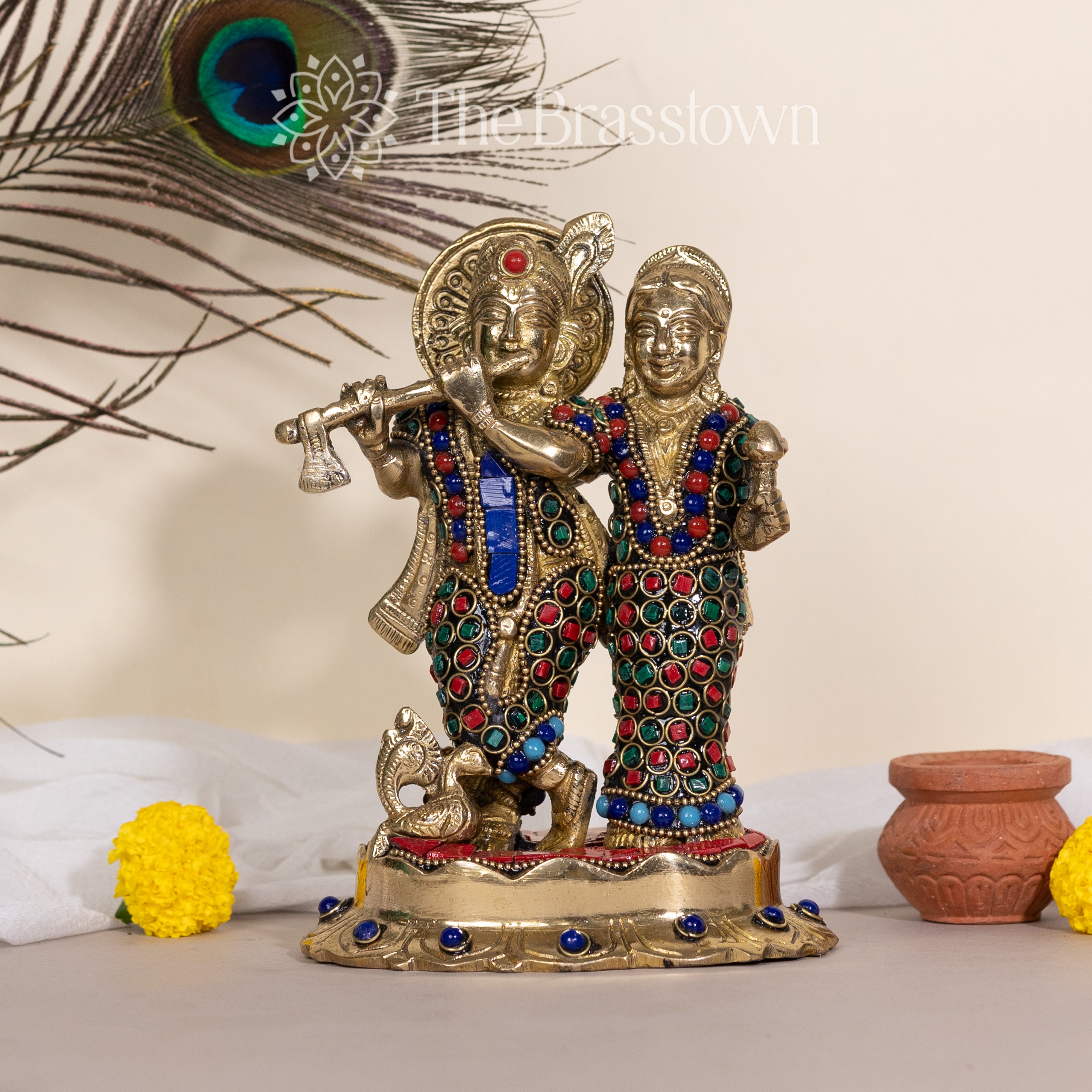 Brass Radha Krishna Statue with Multi Colorful Stones