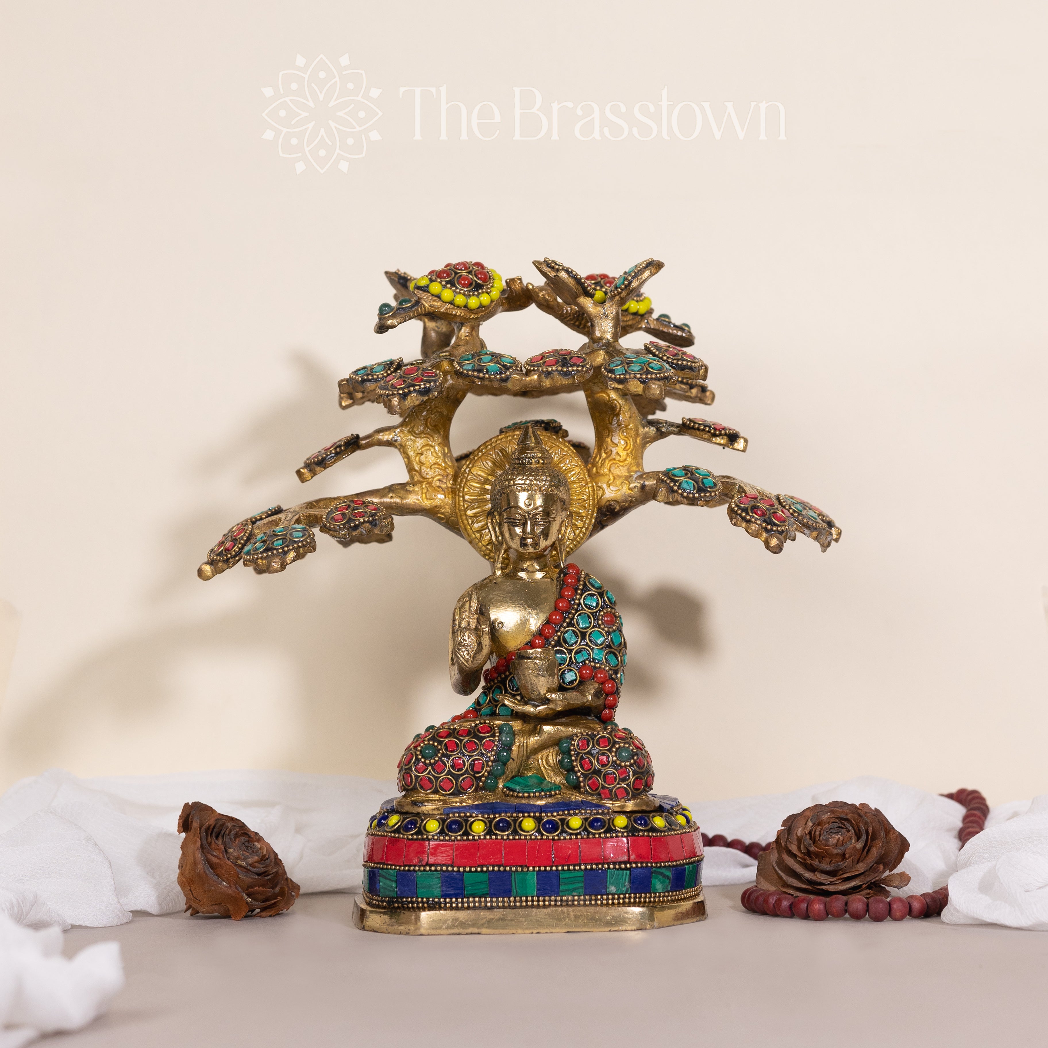 Brass Buddha Statue with Bodhi Tree – Handcrafted Enlightenment Decor