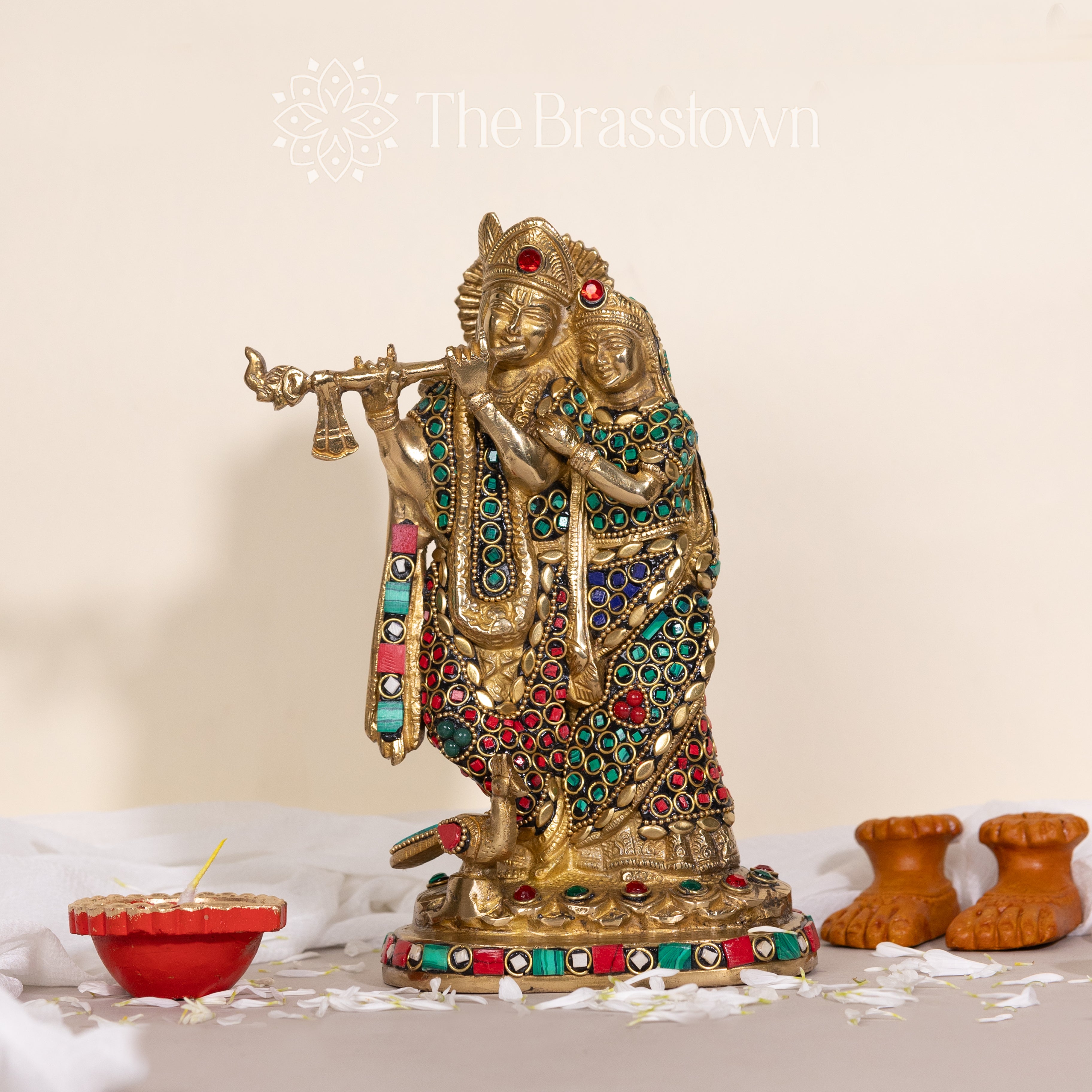 Brass Radha Krishna Statue with Unique Stones – Handcrafted Home Decor Idol