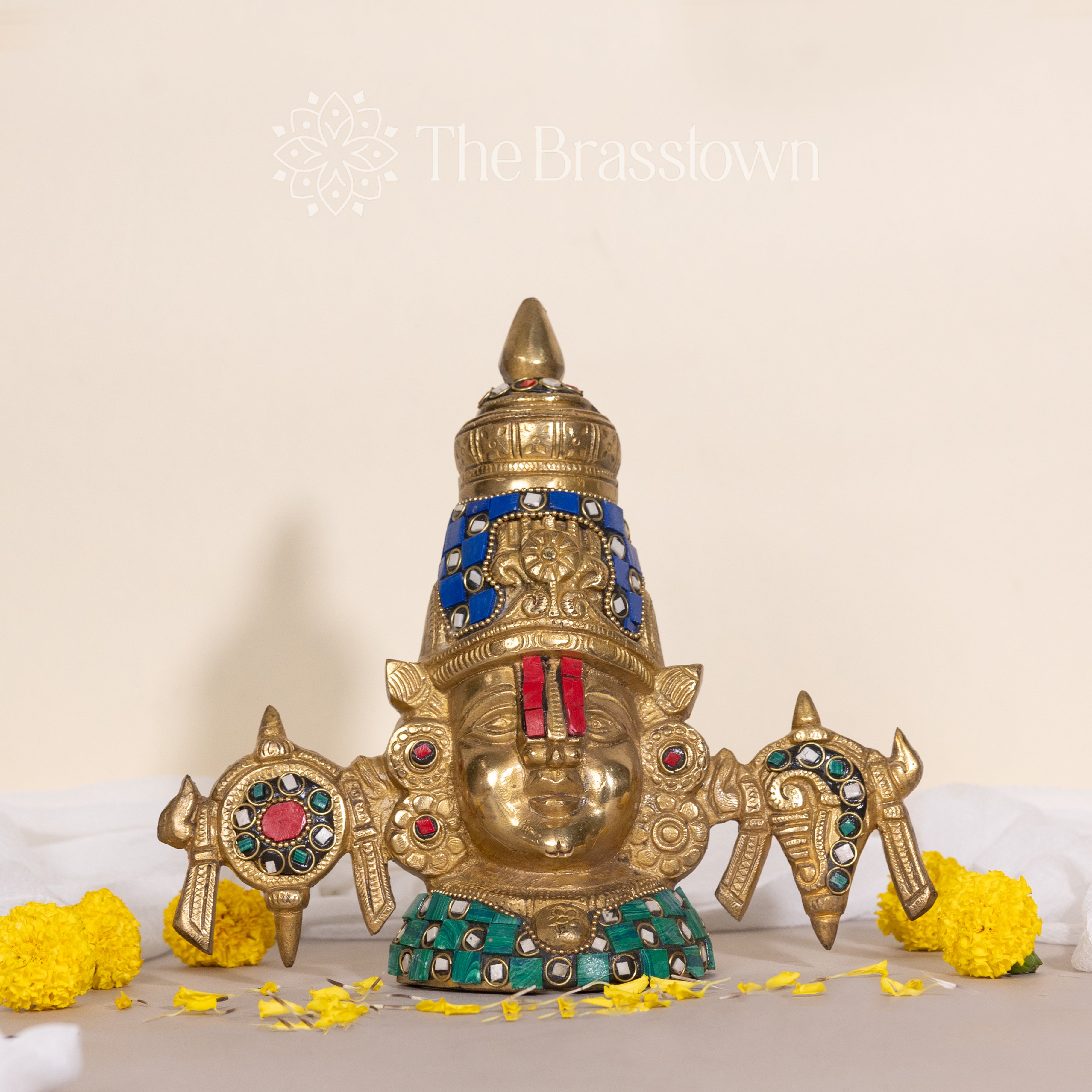 Brass Tirupati Balaji Bust with Stonework Wall Hanging Decorative Showpiece