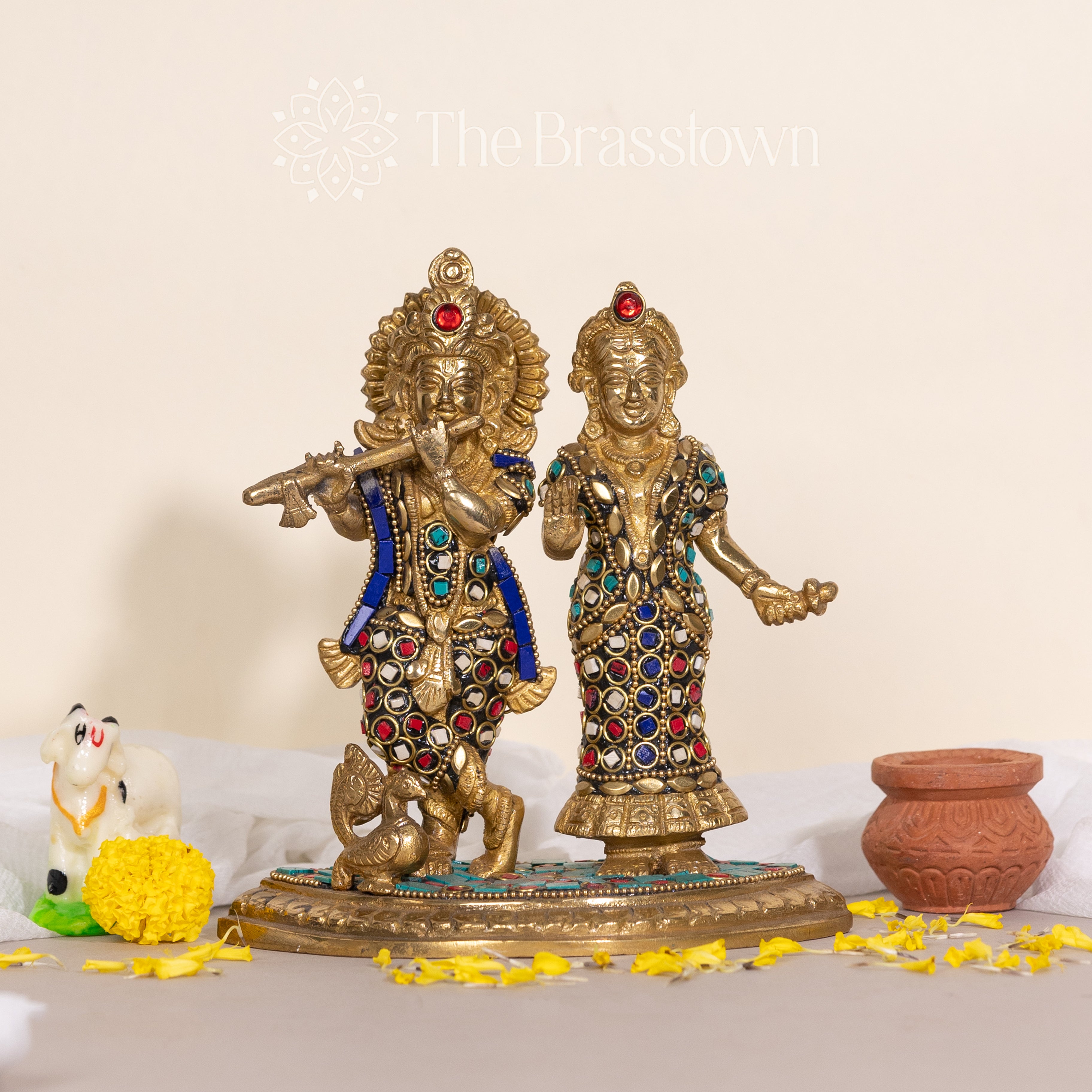 Brass Radha Krishna Statue with Colorful Stones – Handcrafted Home Decor Idol