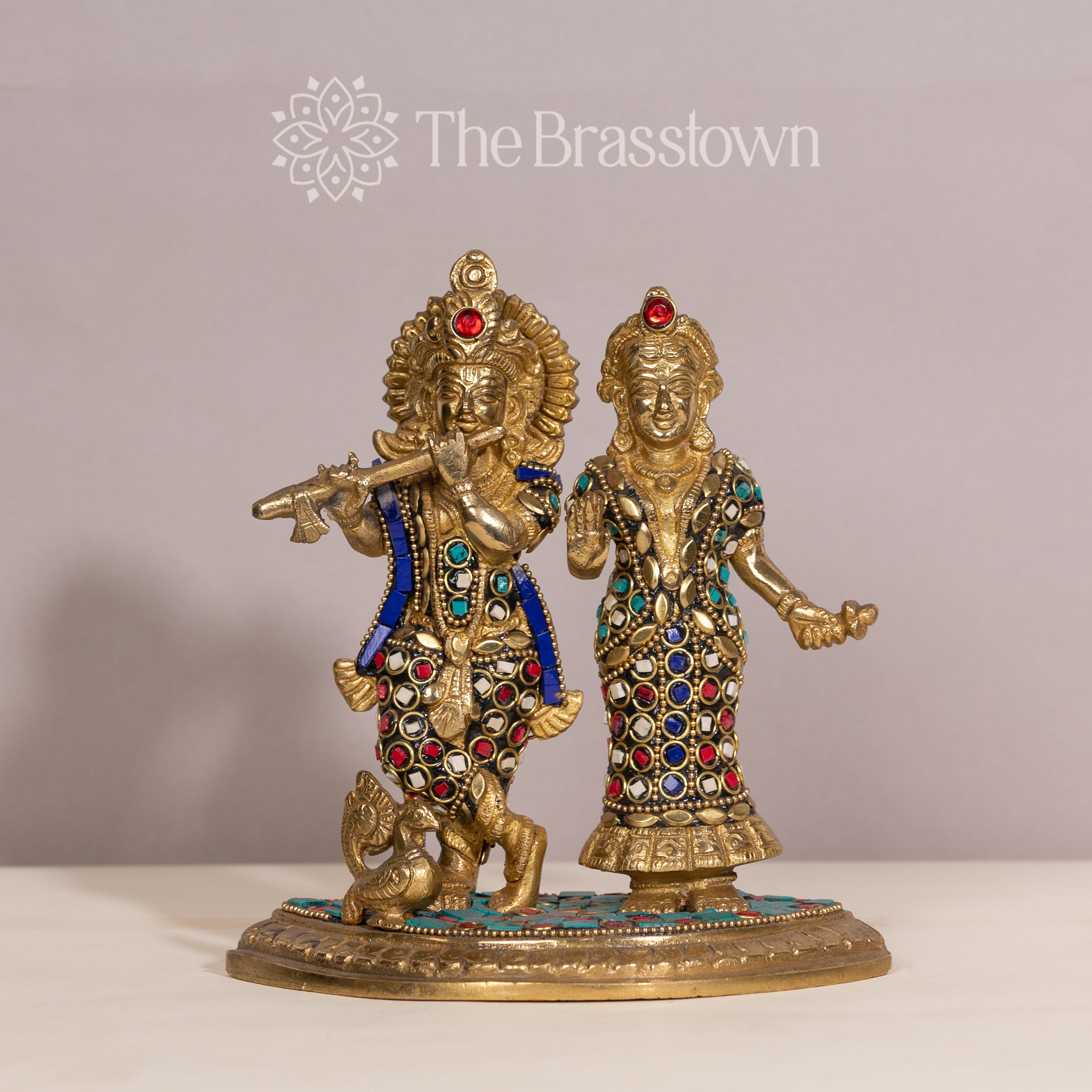 Brass Radha Krishna Statue with Colorful Stones – Handcrafted Home Decor Idol